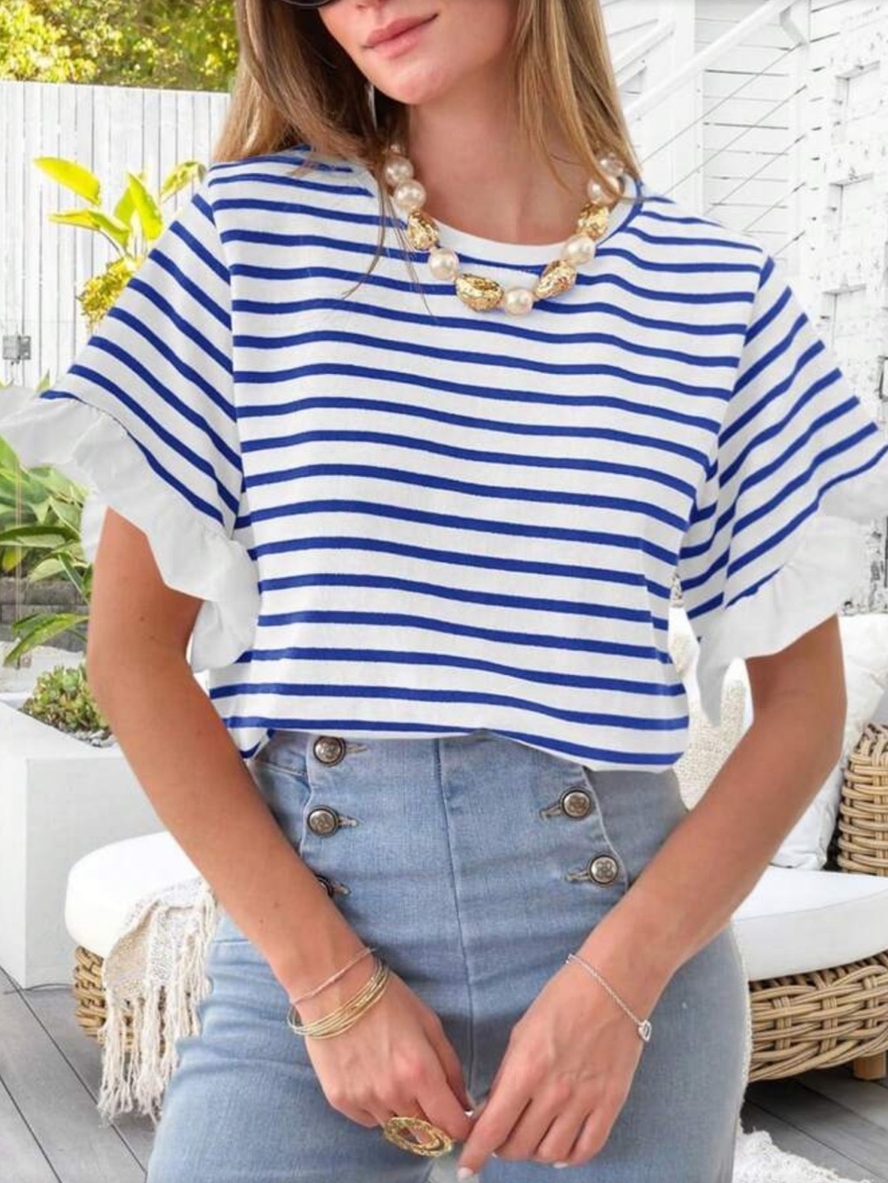 Striped Blue Ruffle Sleeve Women's Top